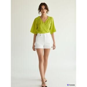 Greek Linen Blend Bell Sleeve Wrap Top - Lime Green - Medium